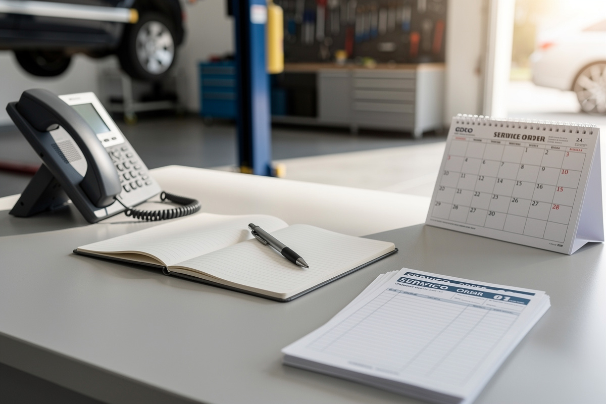Script d’accueil téléphonique garage posé sur un bureau d’atelier organisé