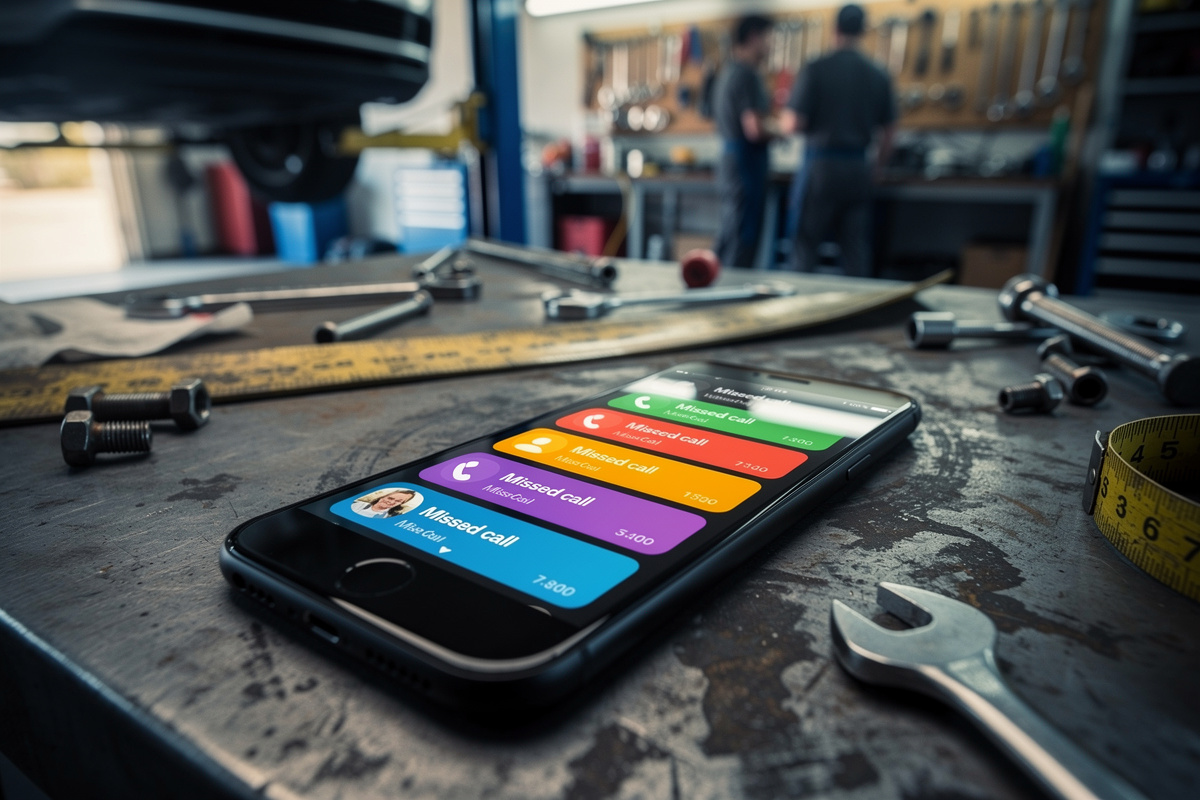 Taux de décroché garage : plusieurs appels manqués affichés sur un téléphone posé dans un atelier auto