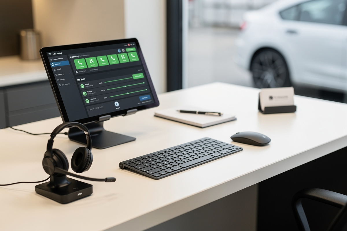 Solutions pour éviter les appels manqués en garage : standard téléphonique moderne sur un comptoir d'accueil auto