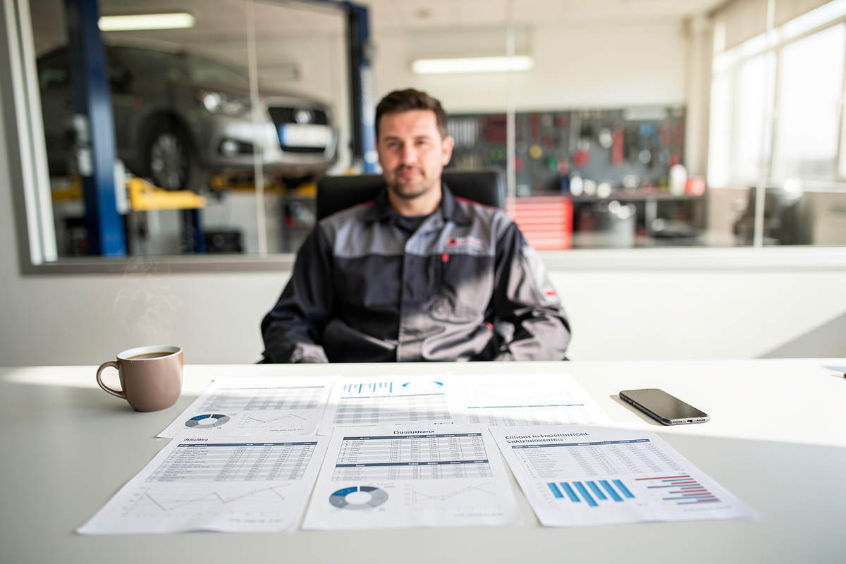 Garagiste indépendant consultant les statistiques d'appels manqués de son atelier automobile chaque mois