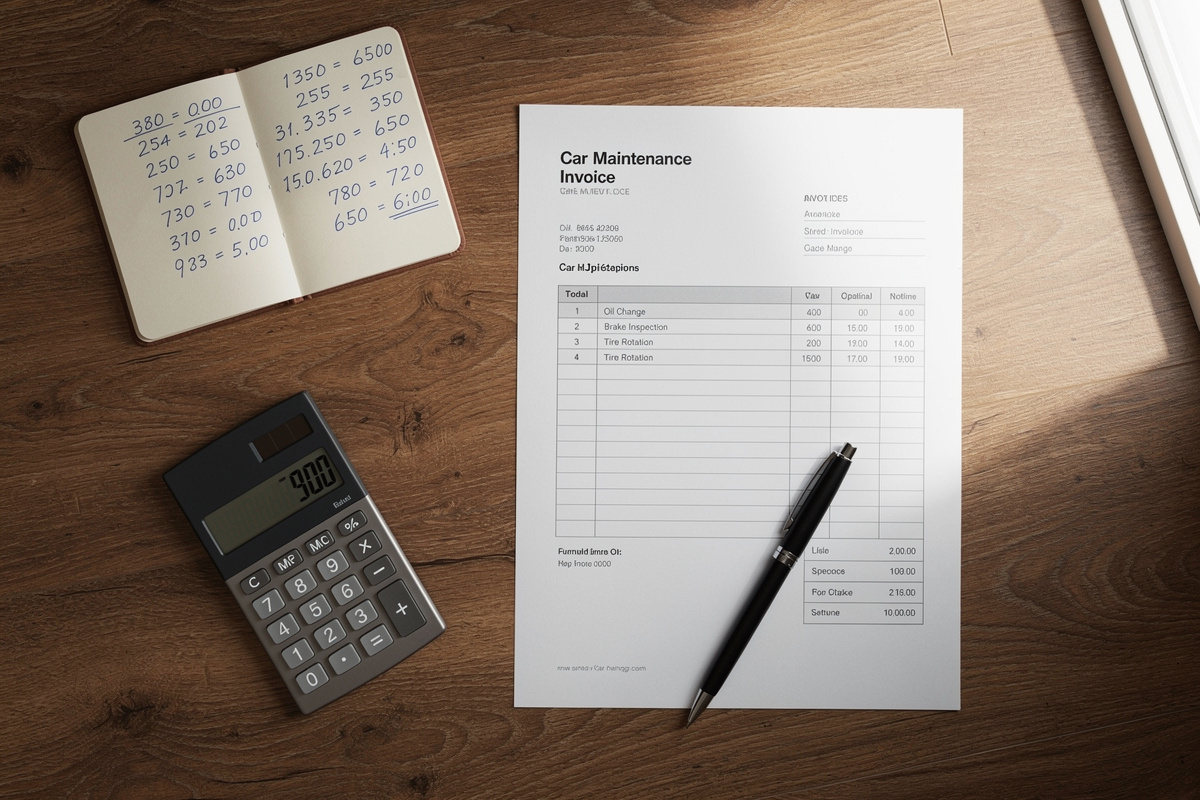 Calculatrice et factures d'entretien automobile illustrant le calcul du panier moyen d'un garage