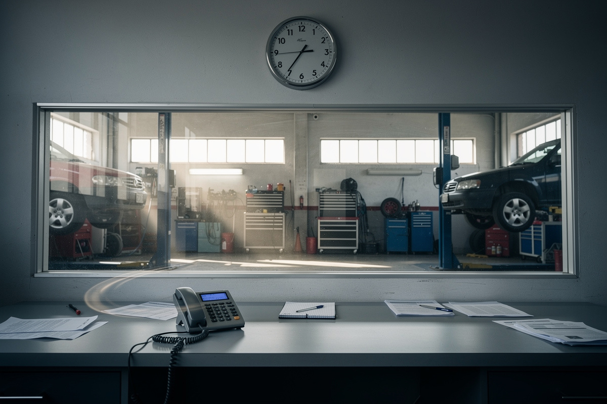 Bureau d'accueil de garage vide avec téléphone qui sonne pendant la pause déjeuner, horloge indiquant 12h30