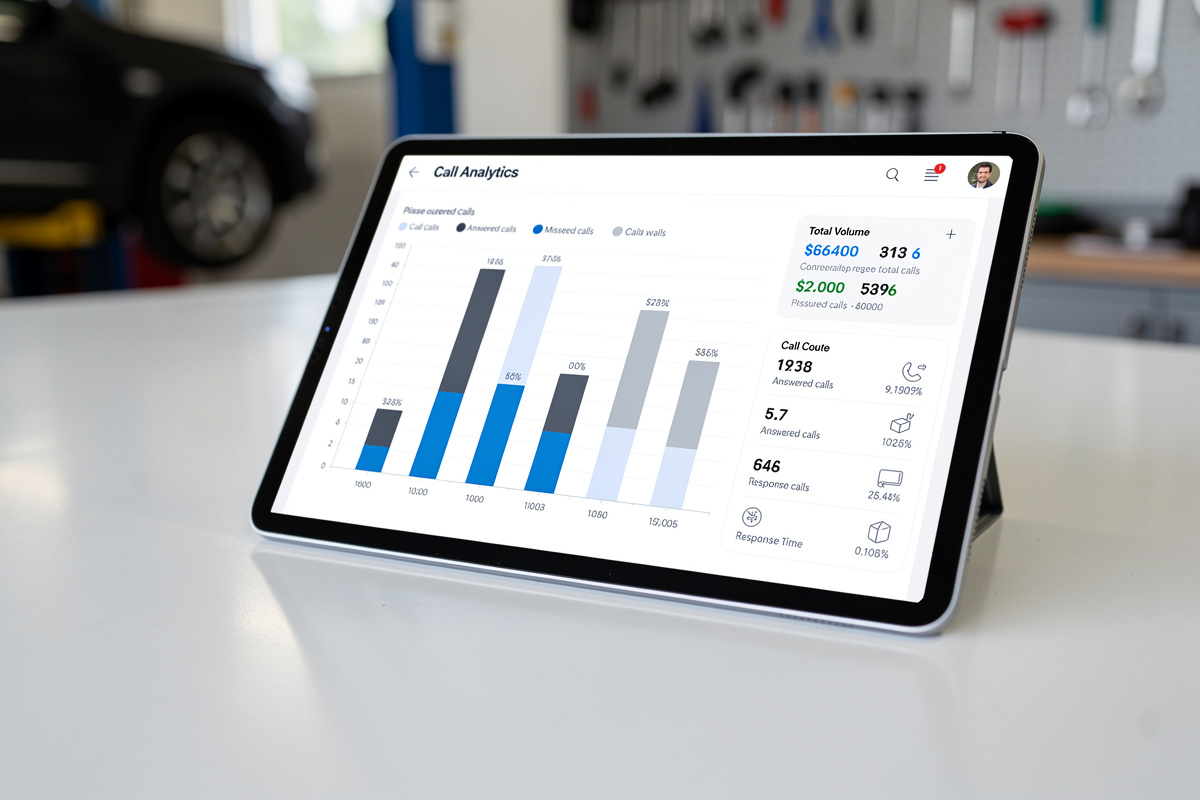 Tableau de bord analytique sur tablette mesurant le taux d'appels manqués d'un garage par tranche horaire