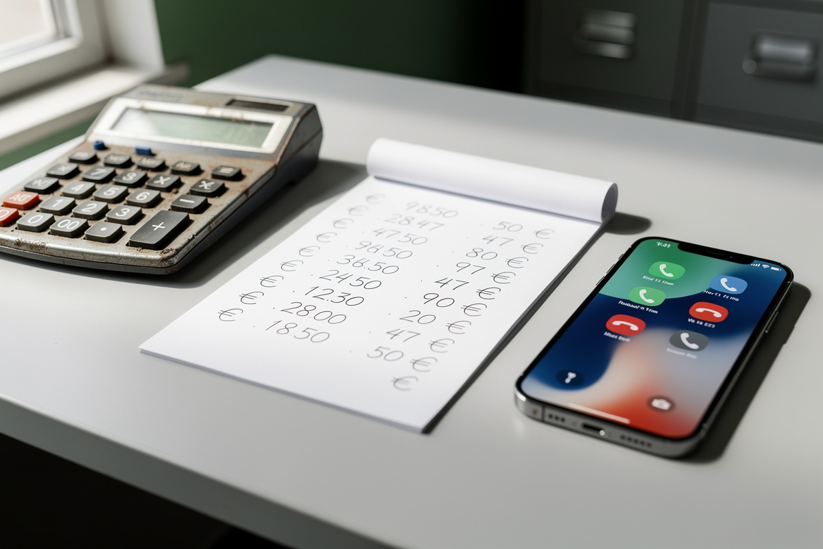 Calculatrice et notes chiffrées sur un bureau de garage illustrant le coût financier des appels manqués