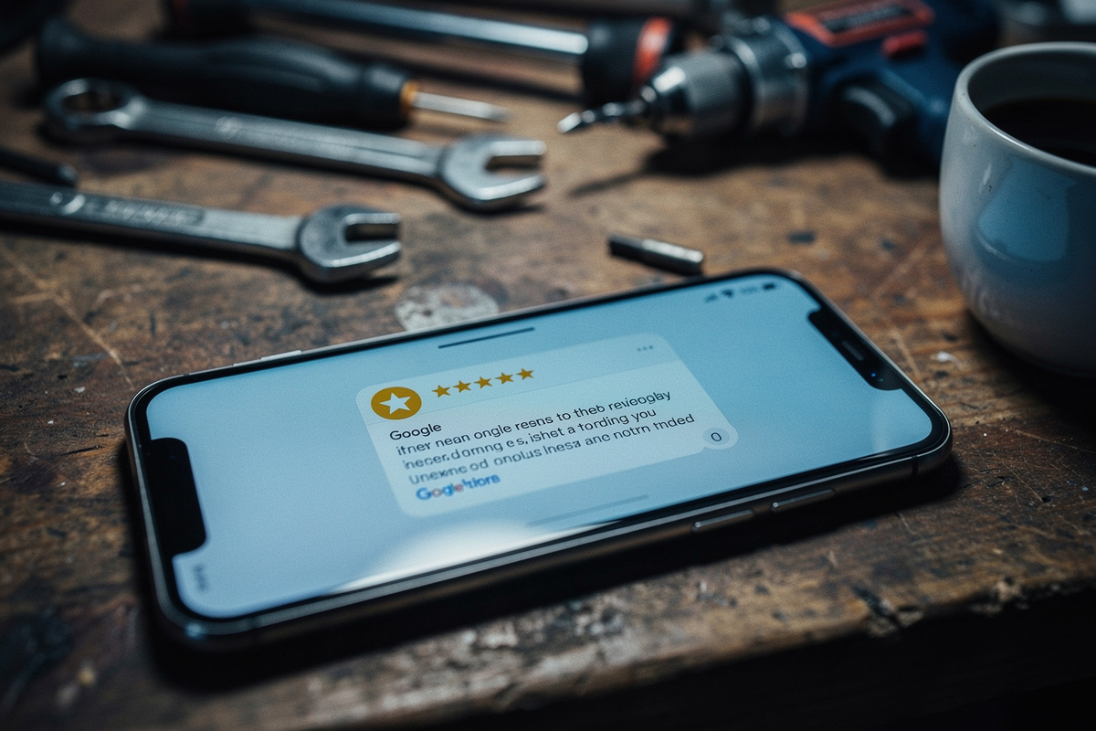 Notification d'avis négatif sur smartphone dans un atelier, lien entre appels manqués garage et réputation en ligne
