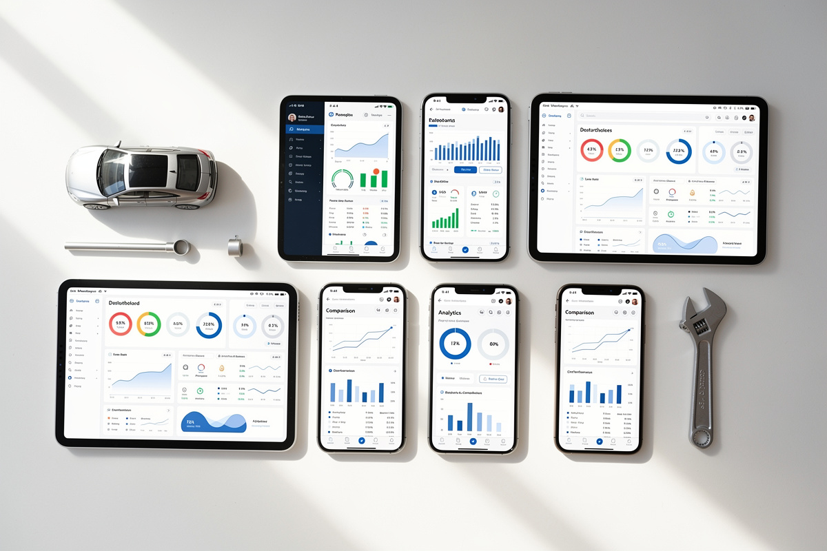 Comparatif de solutions d'assistant téléphonique IA pour garage présentées sur plusieurs écrans numériques