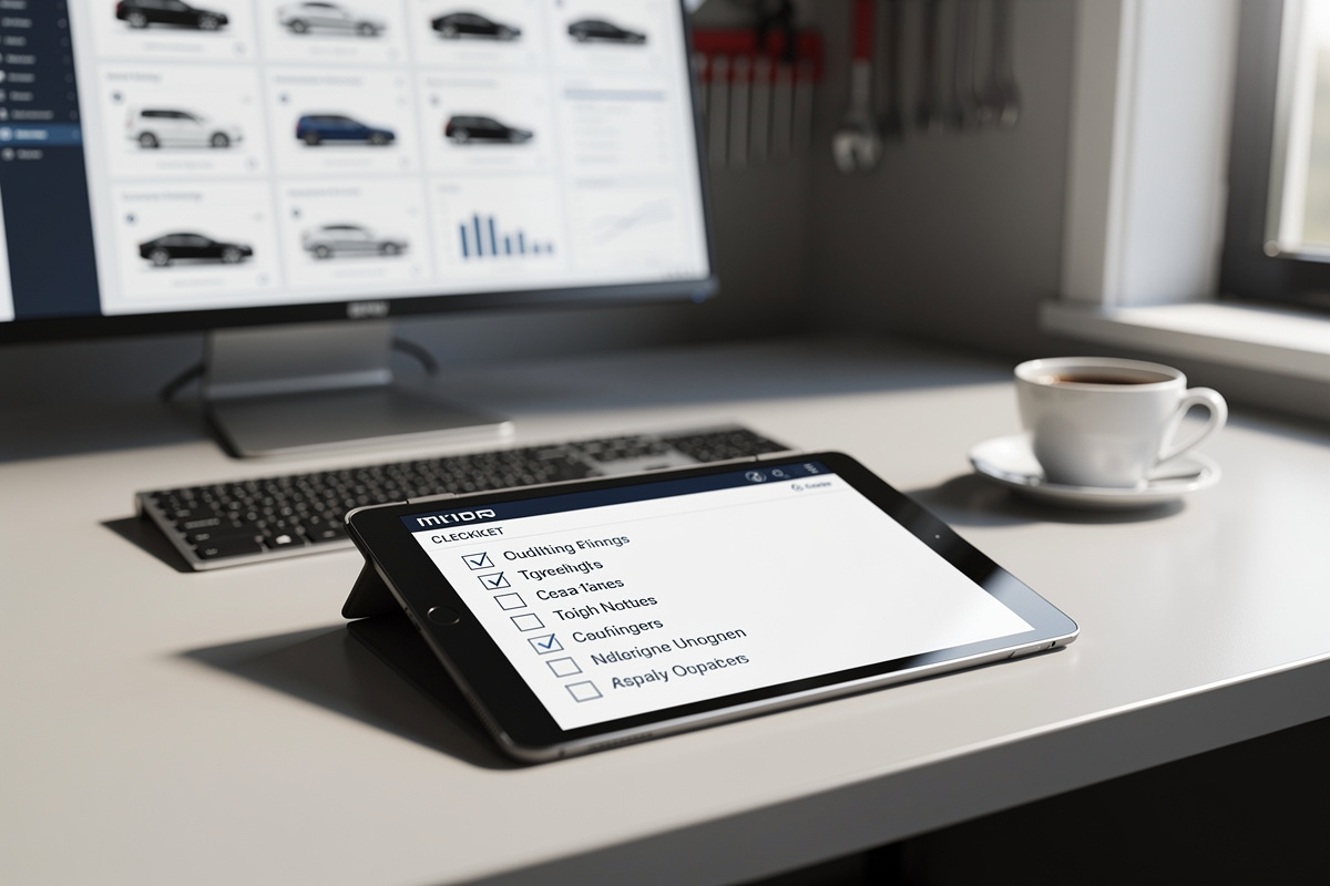 Critères de sélection d'un assistant téléphonique IA pour garage affichés sur une tablette dans un bureau d'atelier