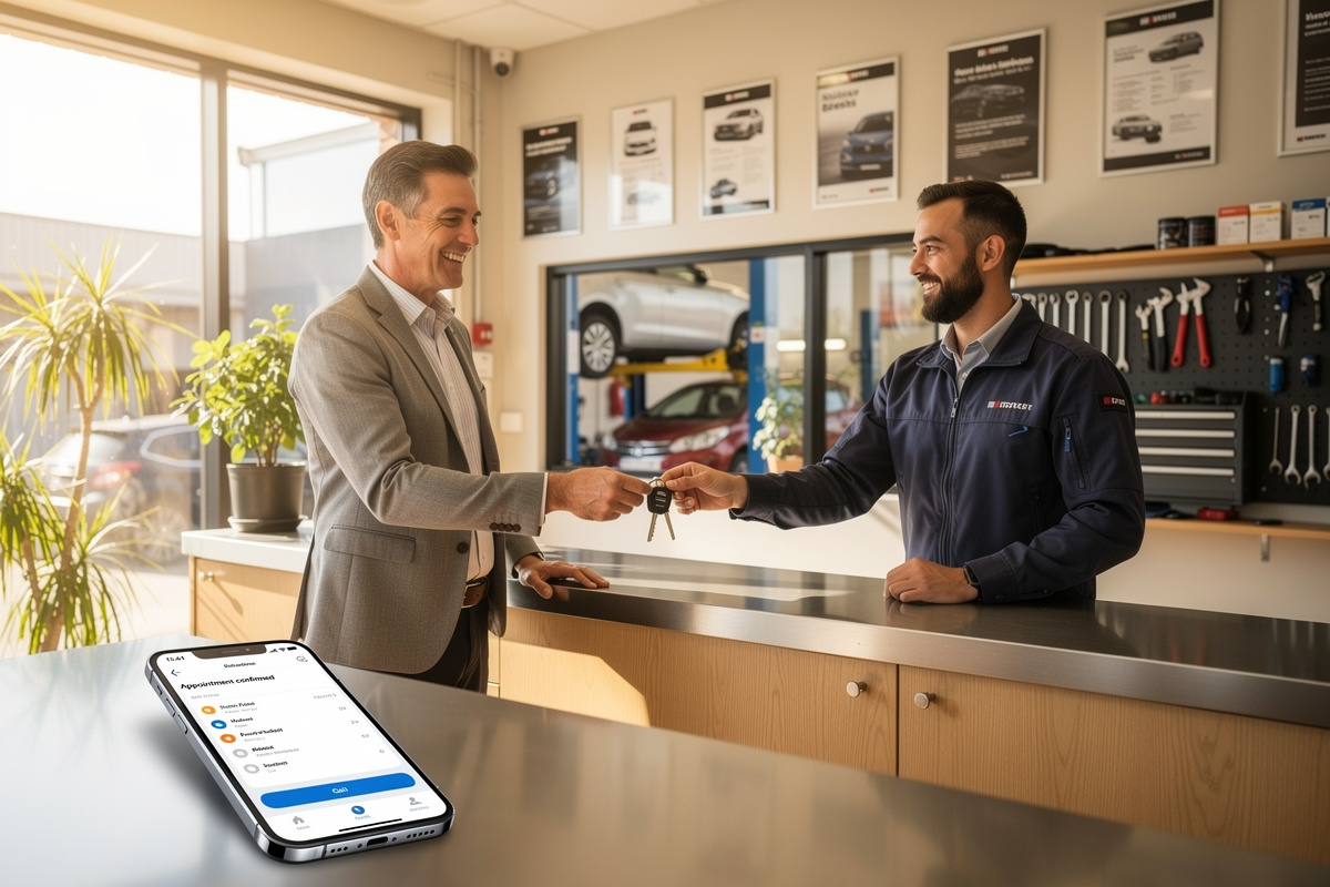 Garagiste indépendant consultant le journal d'appels de son assistant IA après avoir récupéré un rendez-vous client manqué