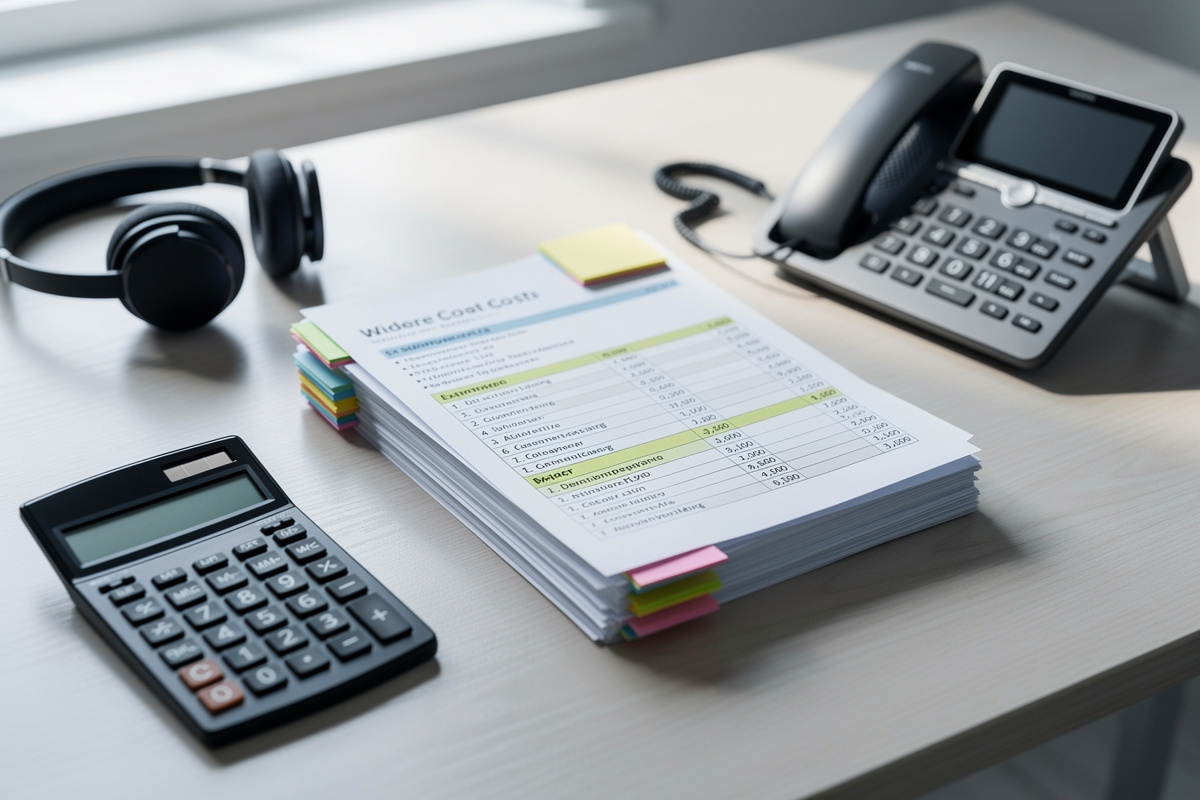Budget permanence telephonique : une table de travail montrant les différents postes de coût d'un devis.