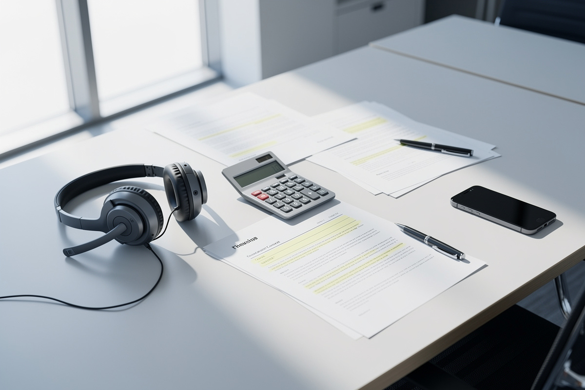 Budget permanence telephonique : contrat et accessoires illustrant les coûts cachés à vérifier avant de signer.
