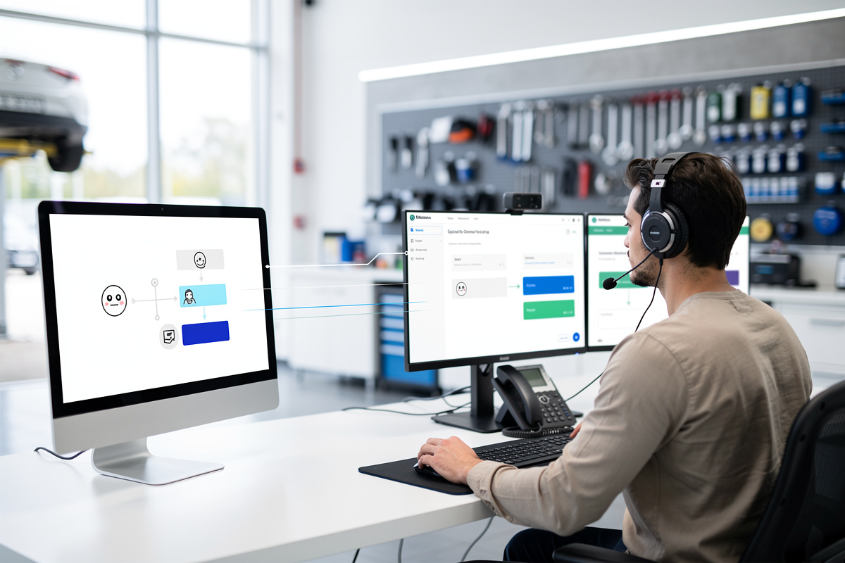 Chatbot service client orientant un appel complexe vers un conseiller humain en atelier