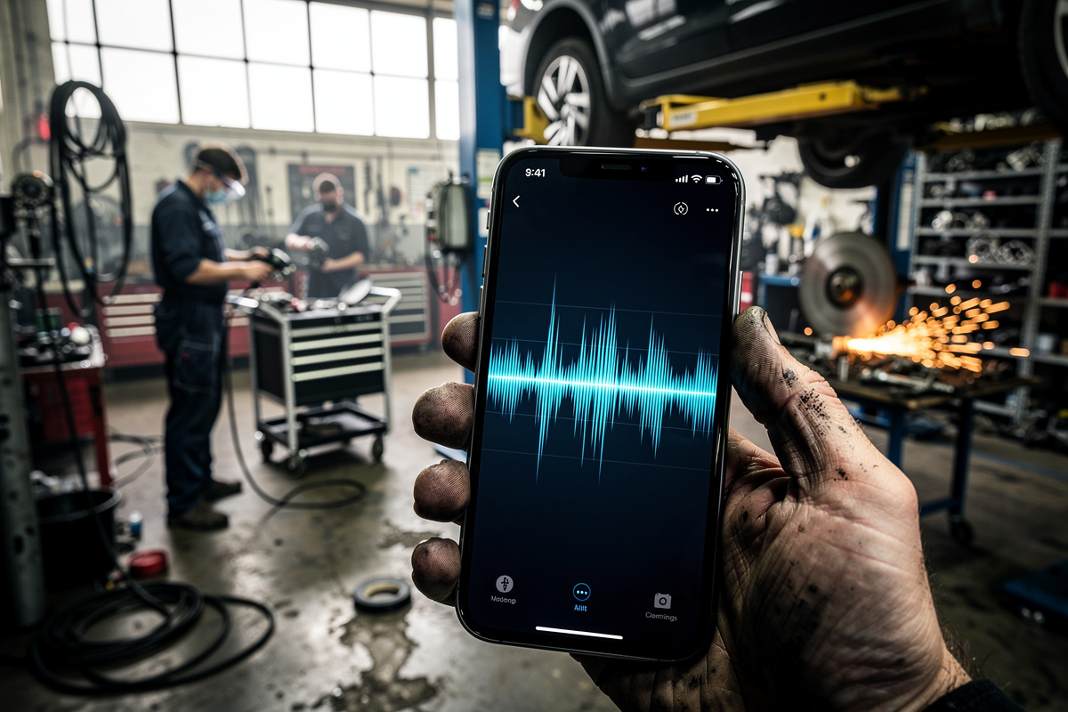 Onde sonore captée par reconnaissance vocale dans un atelier mécanique bruyant lors d'un appel client