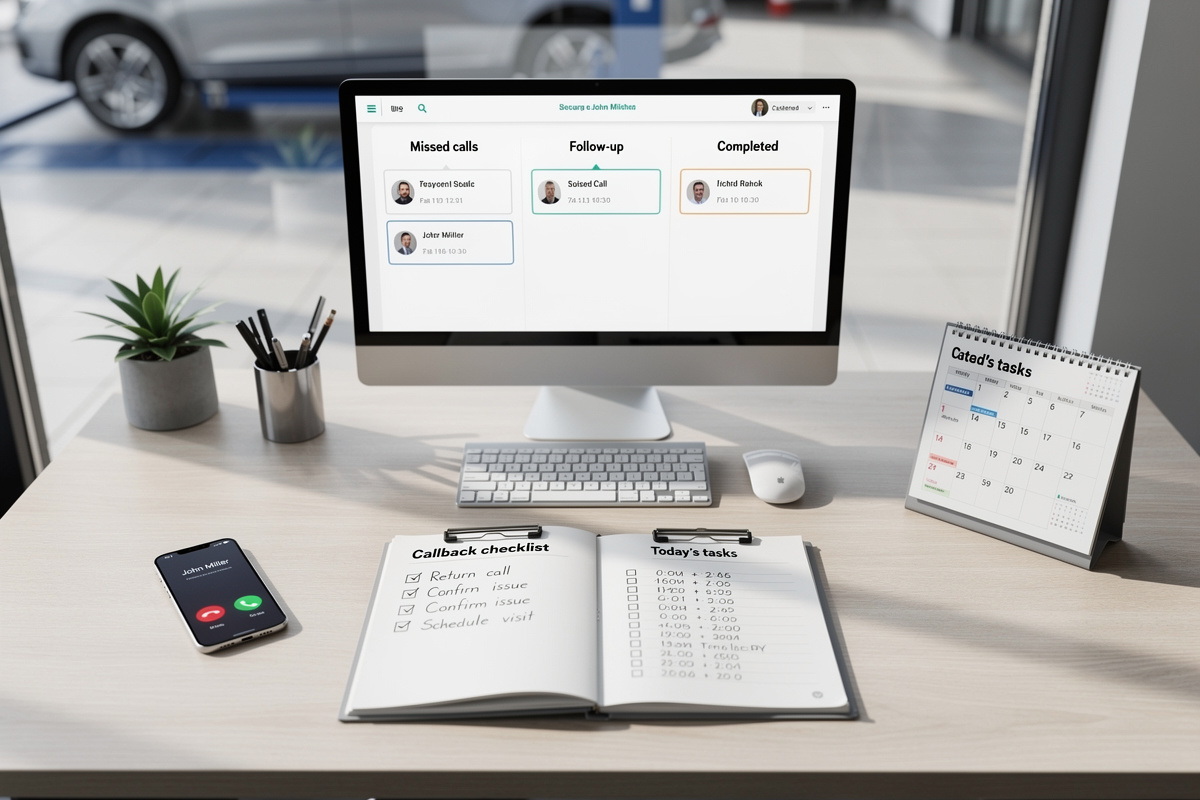 Workflow simple de gestion appels manqués en garage avec alerte, checklist et planning