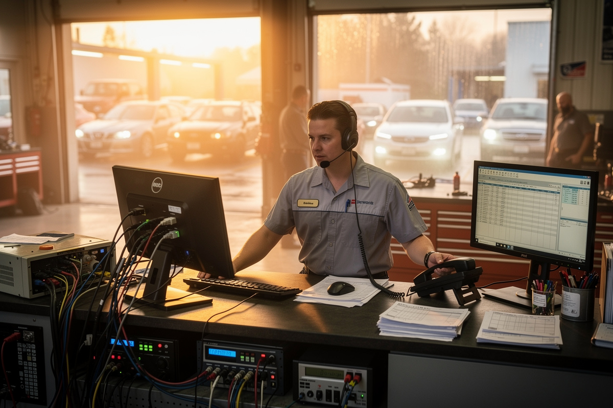 Conseiller de garage gérant un afflux d'appels téléphoniques pendant le rush du dépôt de véhicules le matin