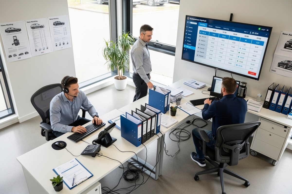 Équipe de garage organisée en rotation pour absorber les heures de pointe avec outils de gestion des appels