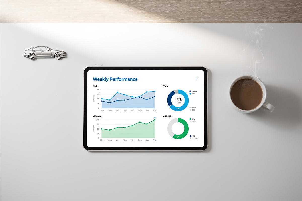 Tableau de bord hebdomadaire avec indicateurs clés de gestion des appels automobile affiché sur une tablette