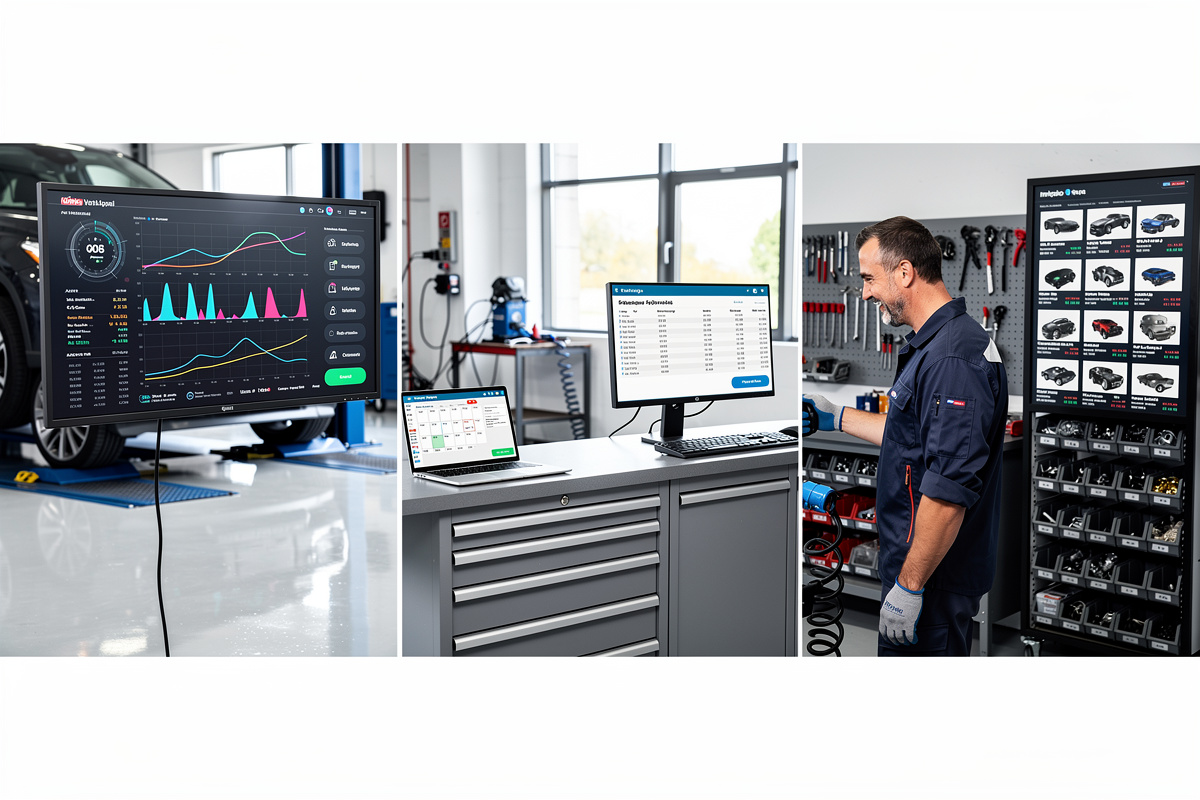 Cinq cas d'usage de l'IA garage illustrés dans un atelier moderne : diagnostic, planning, facturation et gestion des pièces