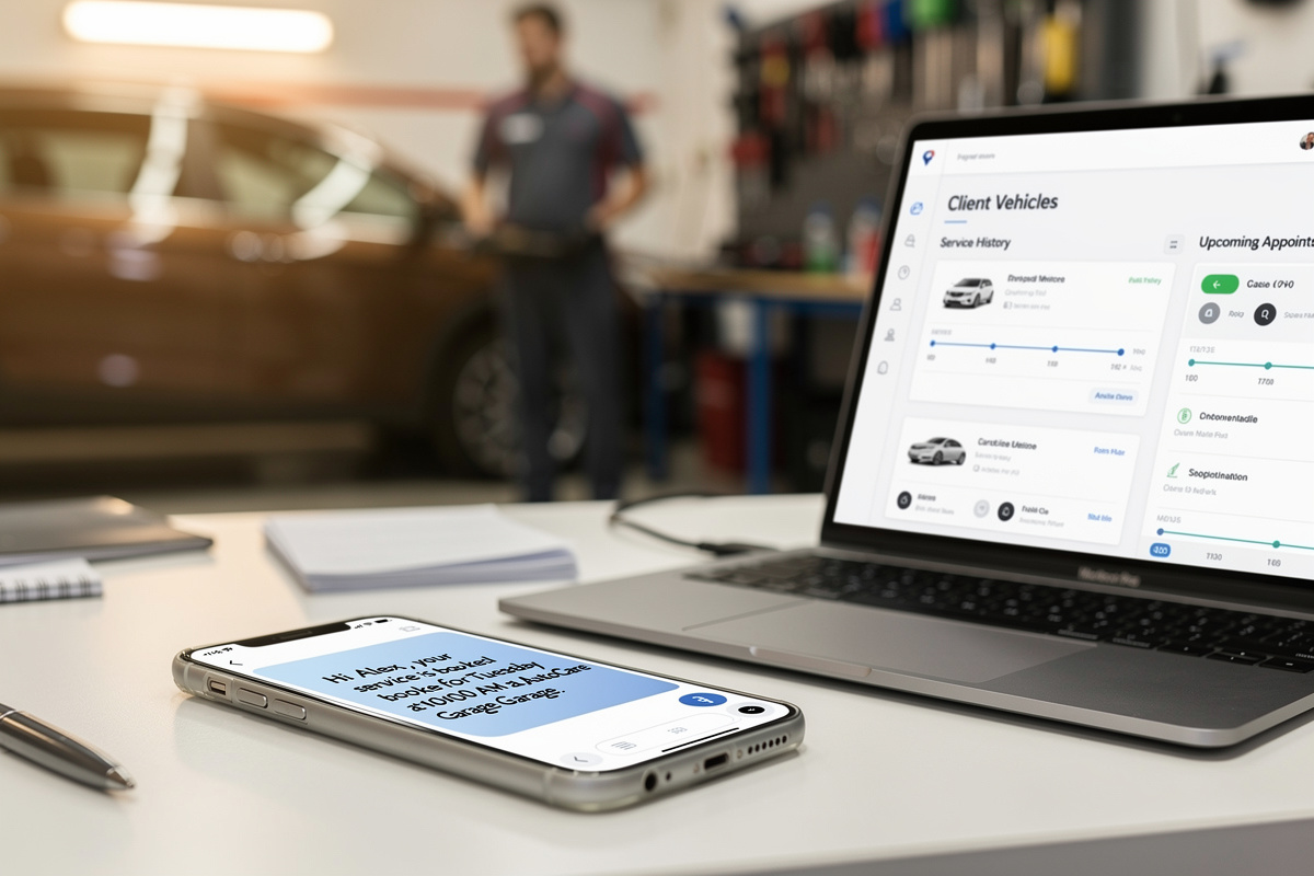 Interface CRM garage affichant l'historique client et un rappel entretien automatique par SMS pour fidéliser les clients