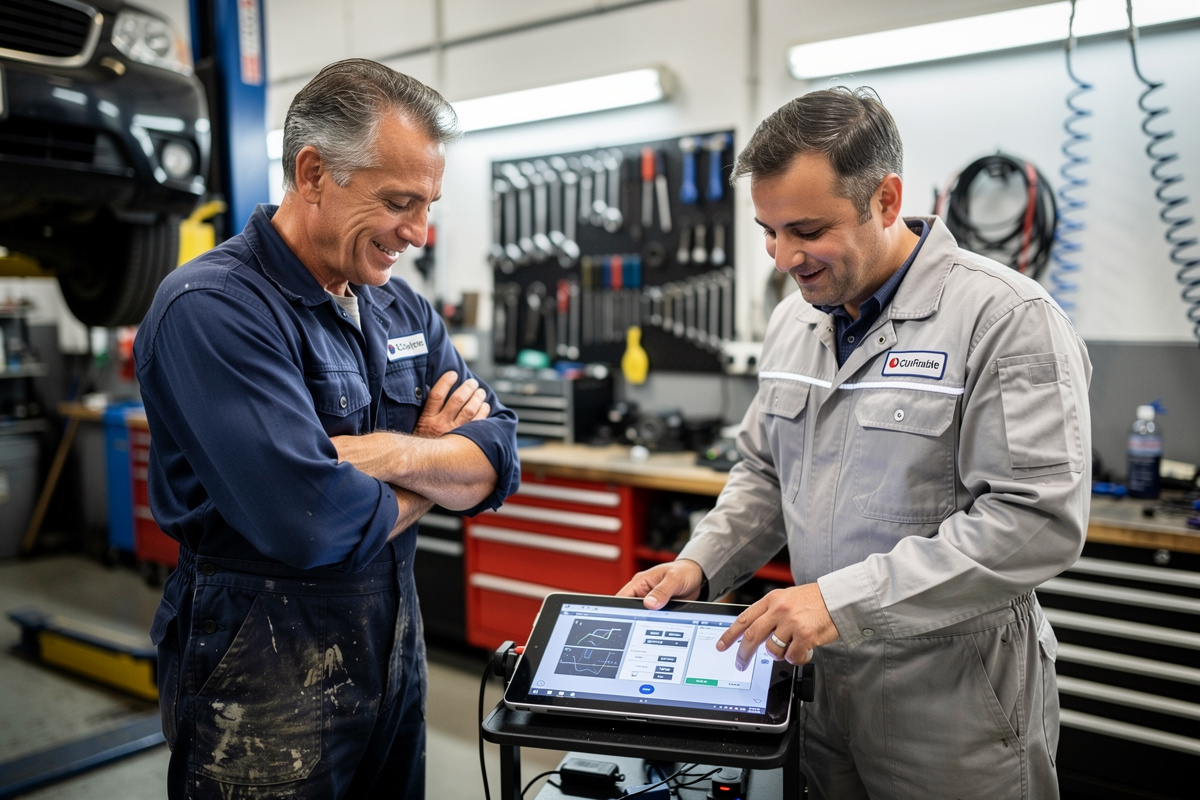 Mécanicien expérimenté découvrant un outil d'IA garage avec un collègue, illustrant l'accompagnement au changement en atelier