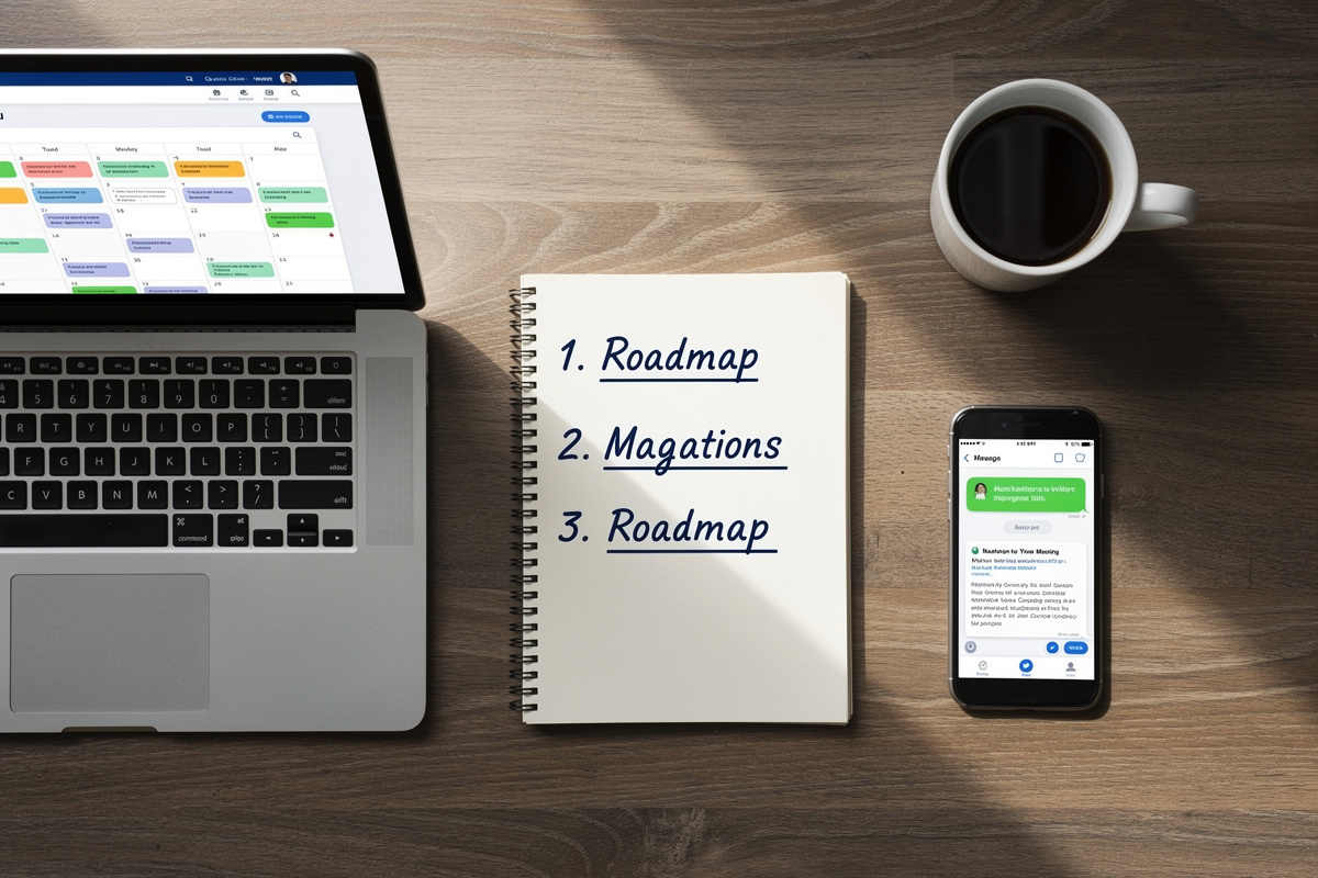 Plan de démarrage en 3 étapes pour un garage indépendant numérique : agenda en ligne, notifications et roadmap posés sur un bureau