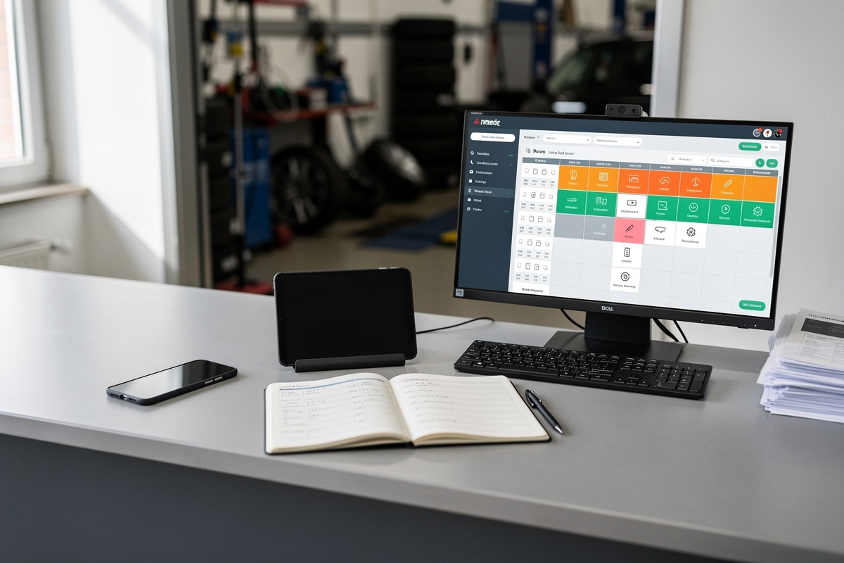 Poste d’accueil d’atelier avec téléphone et agenda pour un outil digital garage performant