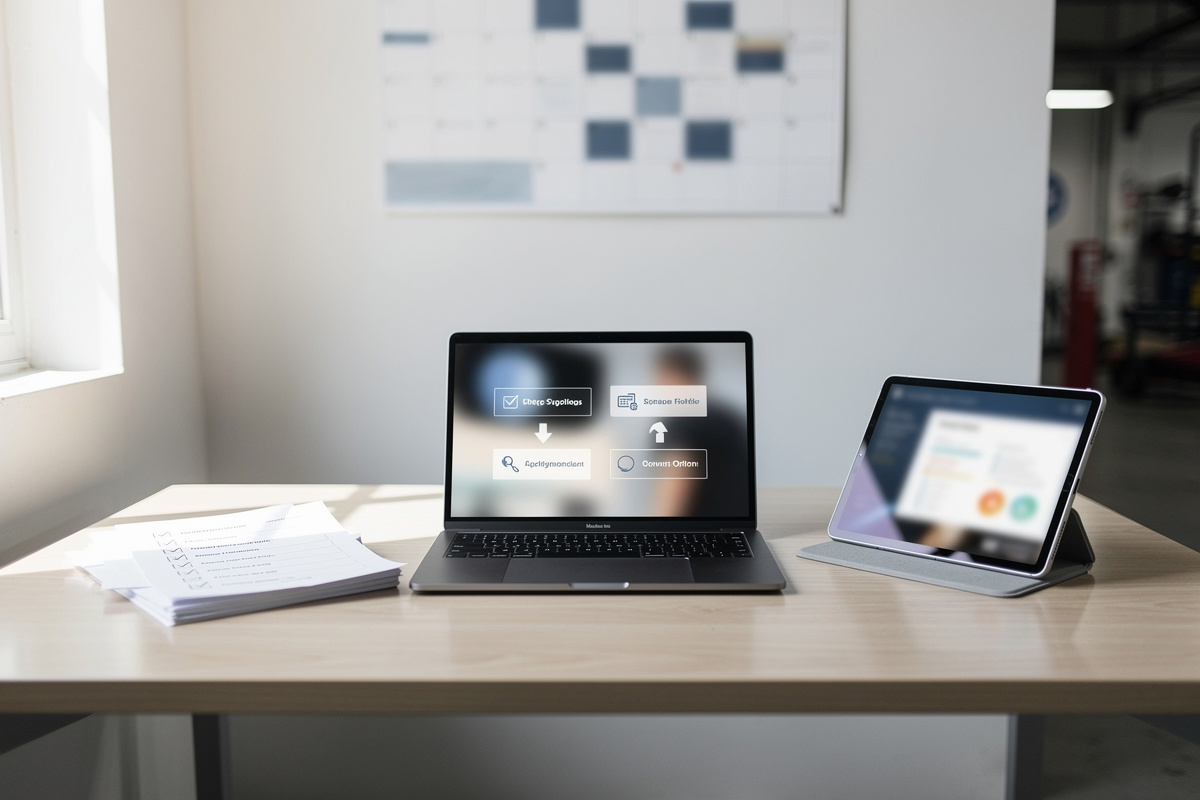 Chef d’atelier comparant plusieurs solutions pour choisir un outil digital garage