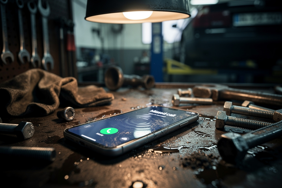 Appel manqué sur smartphone posé dans un atelier mécanique, illustrant le coût d'un appel garage raté
