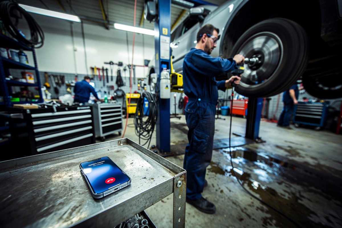 Mécanicien au travail dans un atelier bruyant, téléphone garage ignoré en raison du bruit ambiant intense