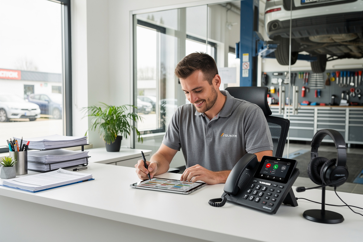 Responsable d'atelier automobile consultant un plan d'action pour optimiser son accueil téléphonique professionnel