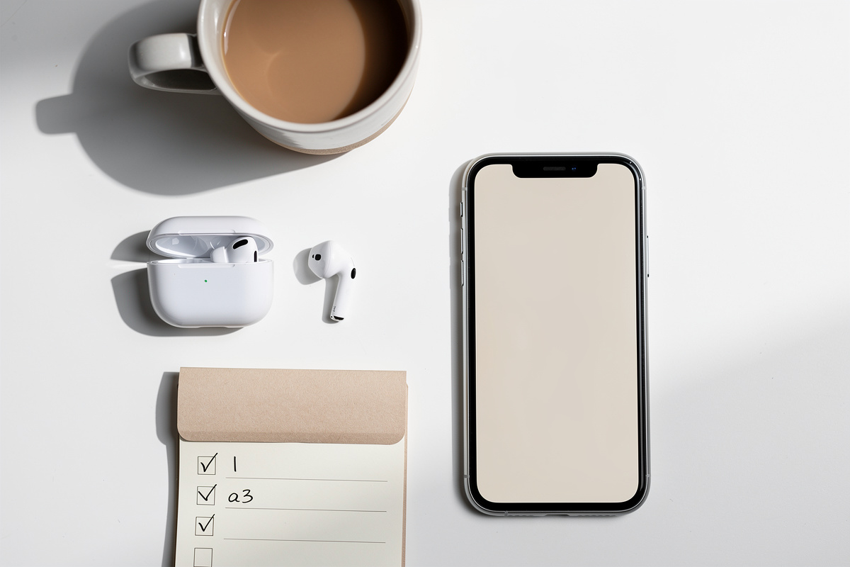 Standard virtuel atelier représenté par un smartphone et casque audio sur bureau épuré, solution phone garage simple