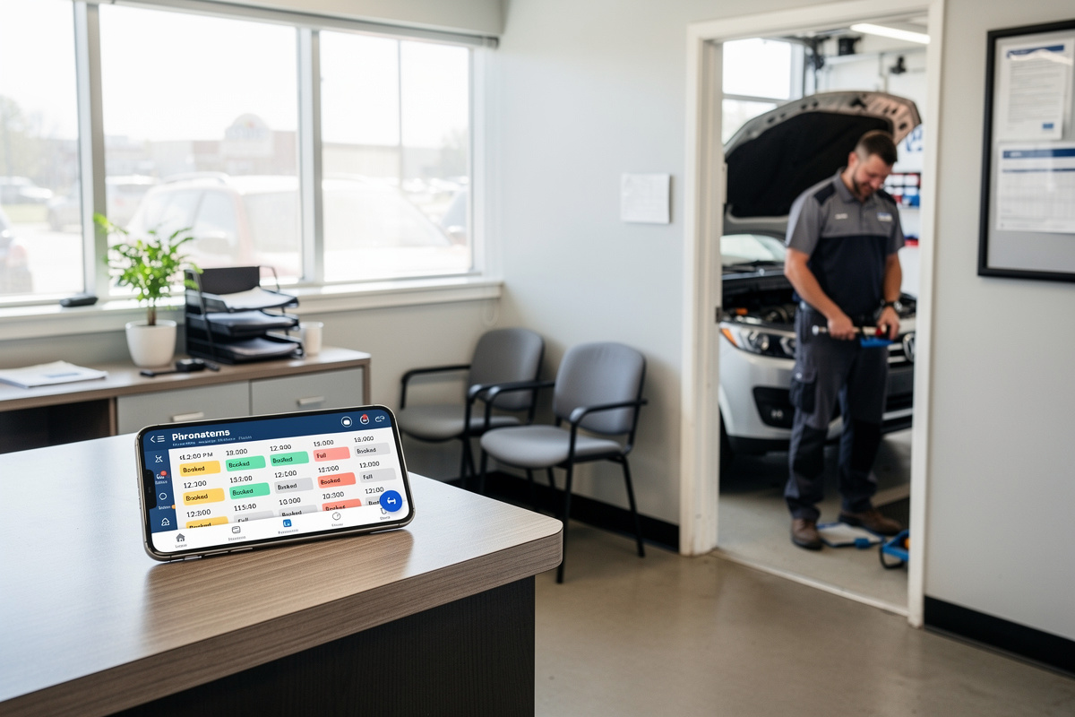 Garagiste concentré sur une réparation pendant que les rendez-vous se remplissent automatiquement en ligne