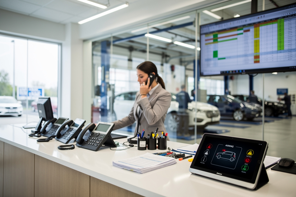 Accueil atelier en pleine urgence mécanique avec appels, planning chargé et prise rendez-vous garage