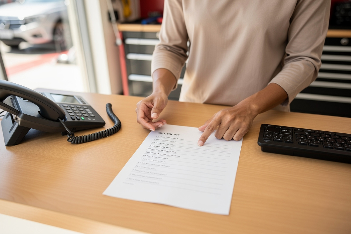 Script d’accueil téléphonique garage posé sur un bureau de réception