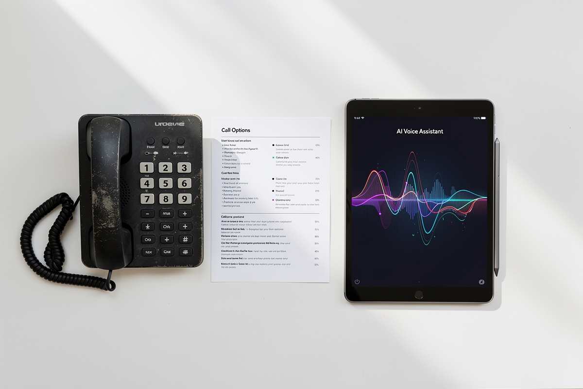 Comparaison entre un SVI classique à touches et une interface d'IA vocale moderne sur tablette