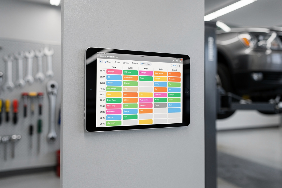 Fonctionnalités de prise de RDV automatique d'un répondeur interactif pour garage affichées sur tablette