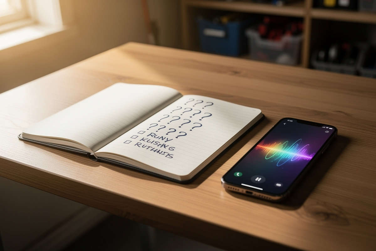 Questions fréquentes sur le répondeur interactif garage illustrées par un carnet et un assistant vocal