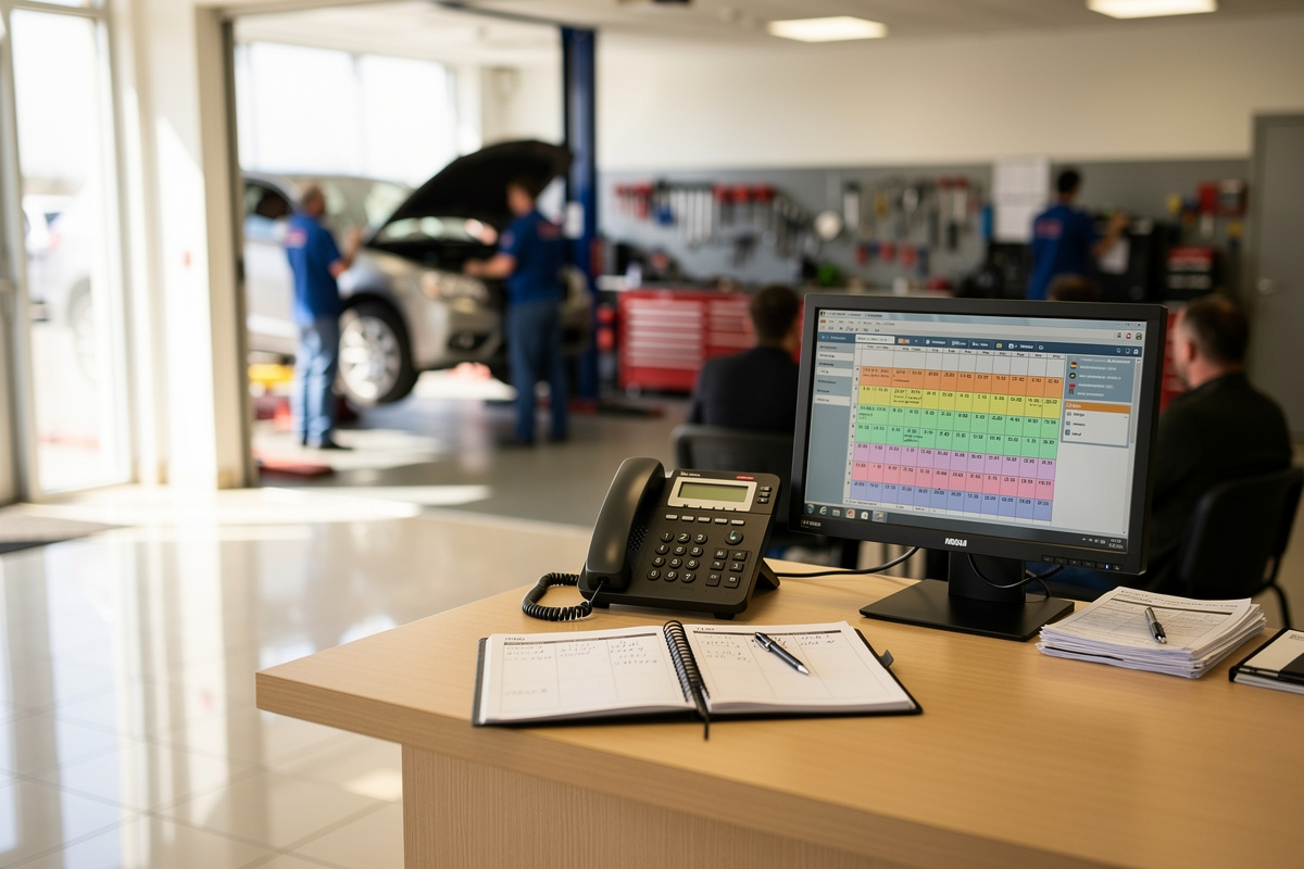 Accueil de garage avec appels manqués et planning d’atelier pour auditer un secrétariat à distance