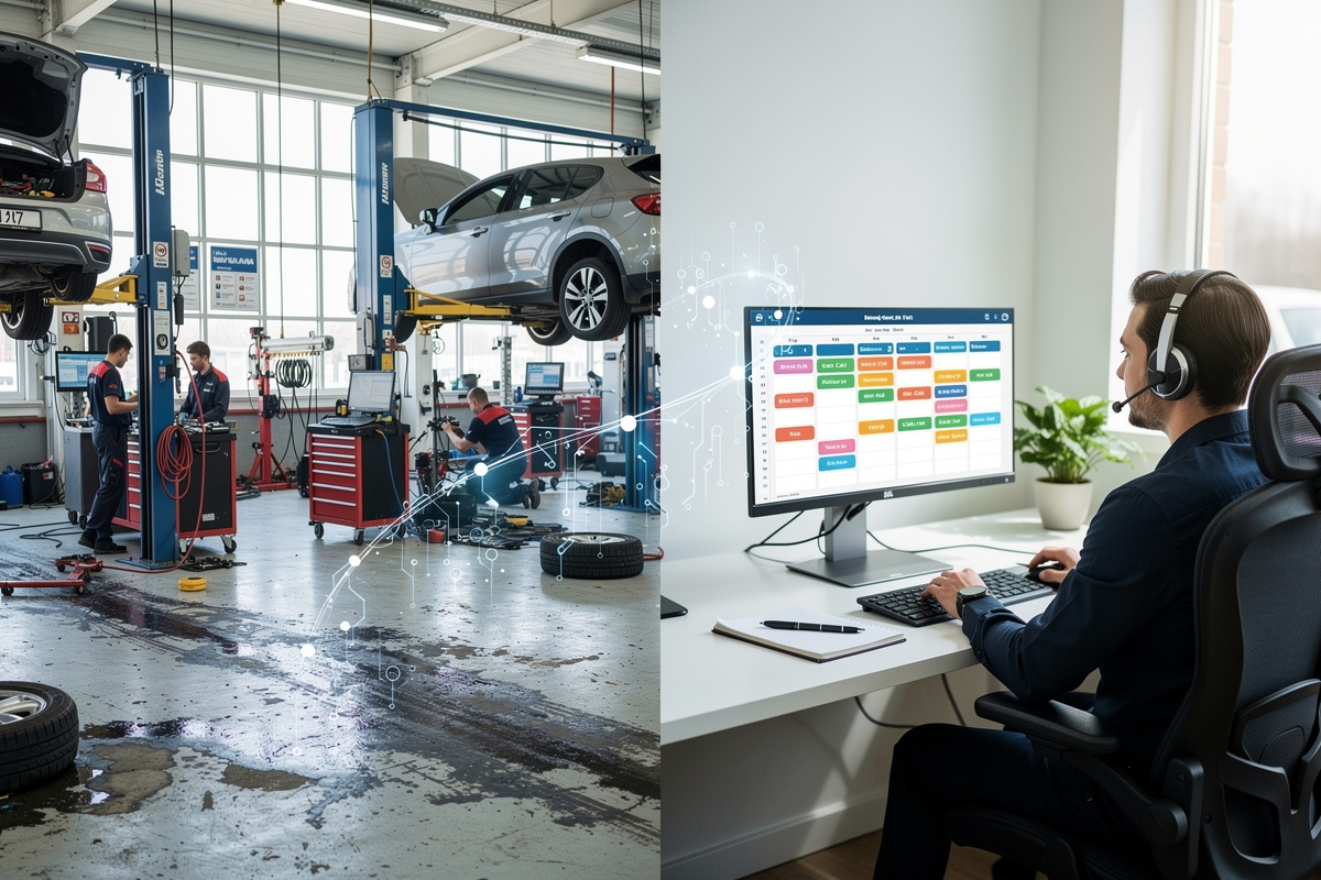 Atelier mécanique connecté à une télésecrétaire à distance gérant les rendez-vous en temps réel pour un garage