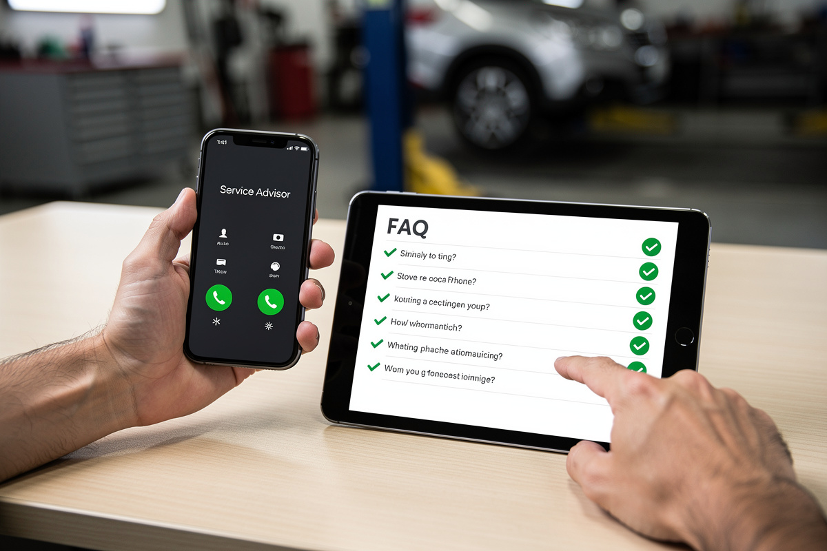 Checklist FAQ sur tablette et téléphone illustrant les questions fréquentes sur l'externalisation du secrétariat automobile
