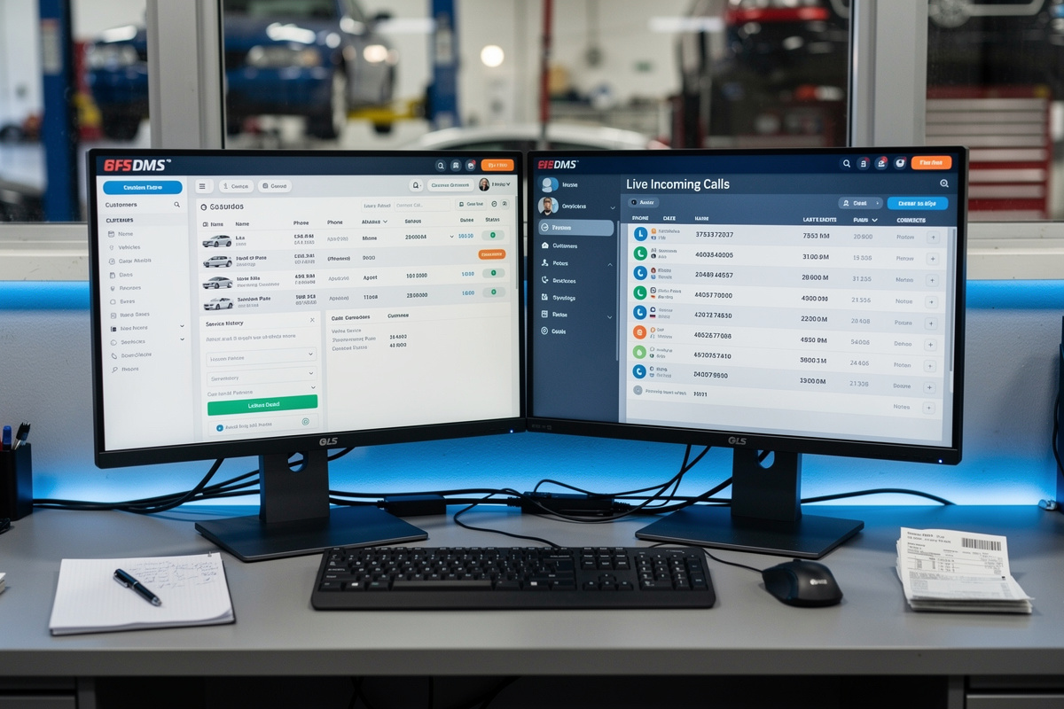 Intégration logiciel DMS garage avec standard téléphonique affichant fiches clients et historique véhicules synchronisés