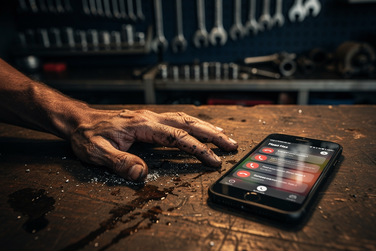 Appels manqués sur smartphone posé dans un atelier de garage, symbolisant le coût des clients perdus hors horaires