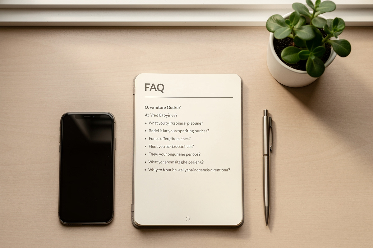 Bureau épuré avec carnet de questions fréquentes sur le standard téléphonique pour garage automobile