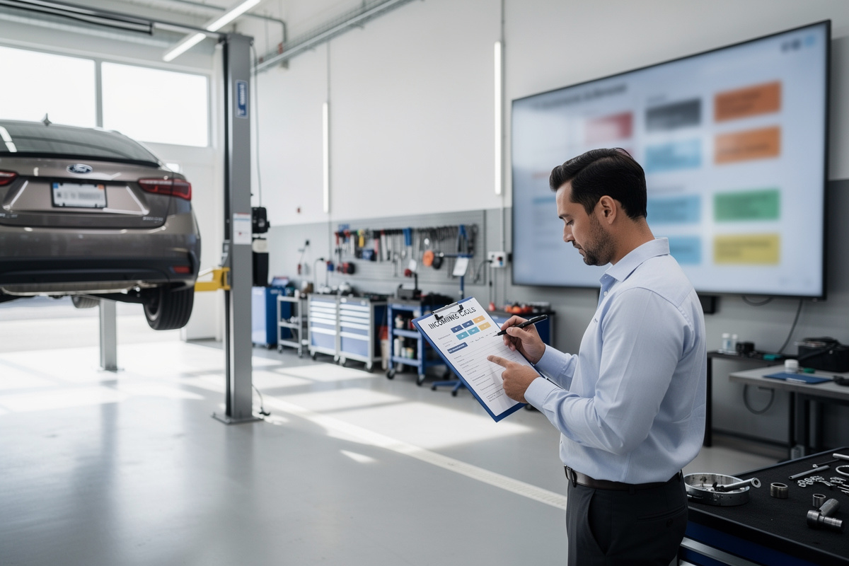 Workflow de qualification d’appel atelier avec checklist et véhicule en maintenance