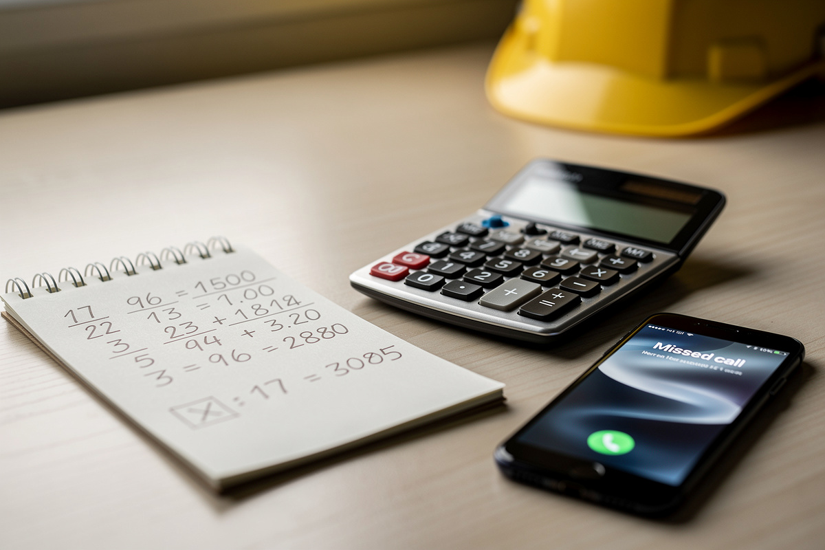 Calcul du coût des appels manqués pour un artisan avec calculette et chiffres manuscrits