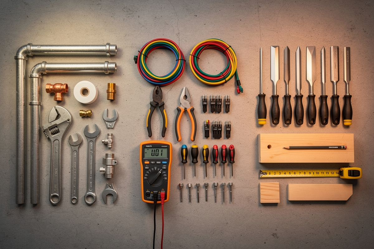 Outils de plombier, électricien et menuisier illustrant les différents besoins téléphoniques des artisans