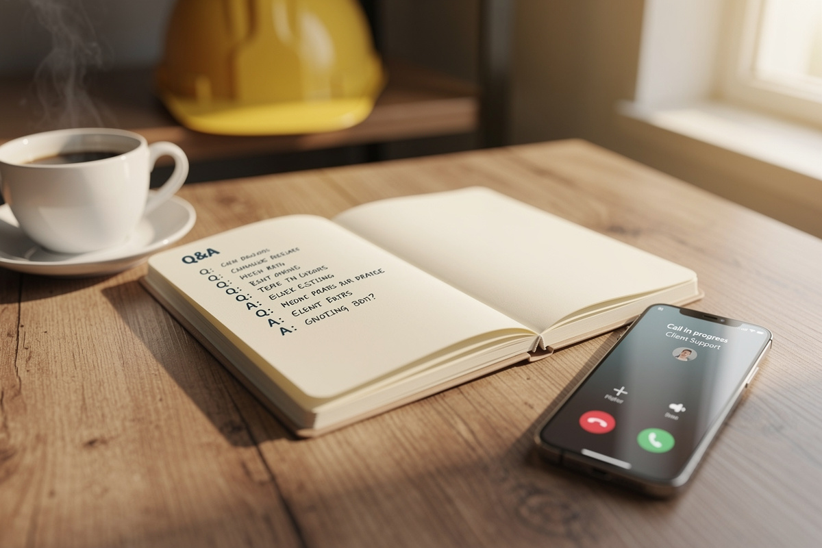 FAQ sur l'accueil téléphonique artisan avec carnet de réponses et smartphone sur bureau