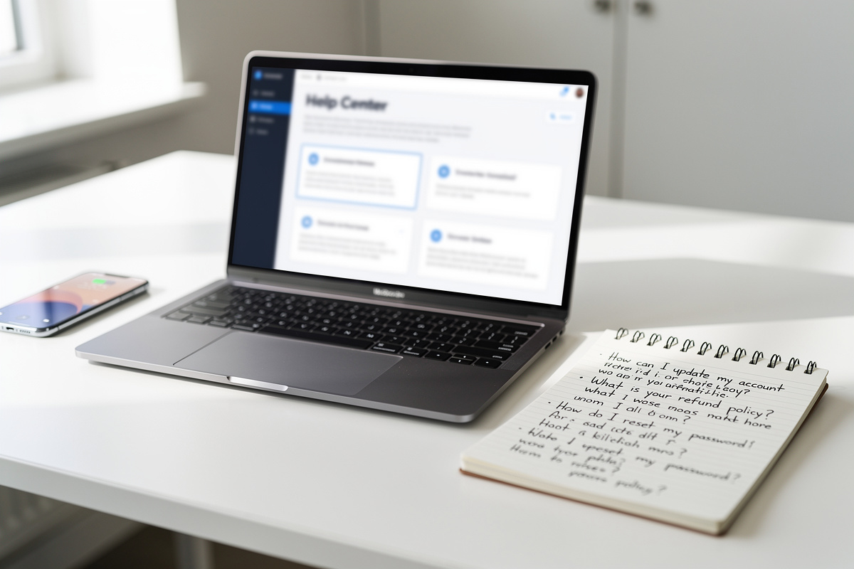 FAQ sur l’accueil téléphonique entreprise avec smartphone, notes et ordinateur sur bureau