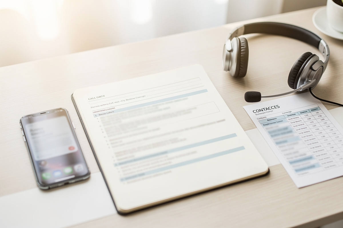 Scripts d’accueil téléphonique entreprise prêts à l’emploi sur un bureau avec notes, smartphone et casque