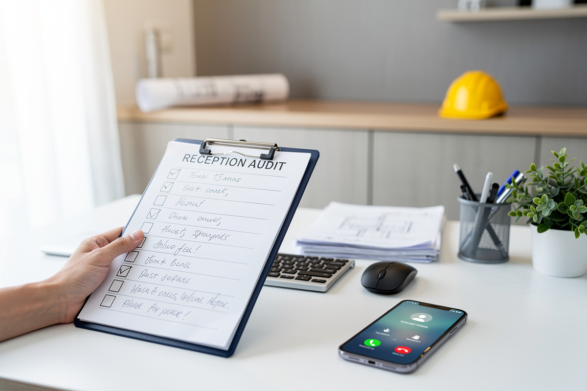 Checklist express d’accueil téléphonique entreprise avec smartphone et clipboard pour auditer les appels rapidement