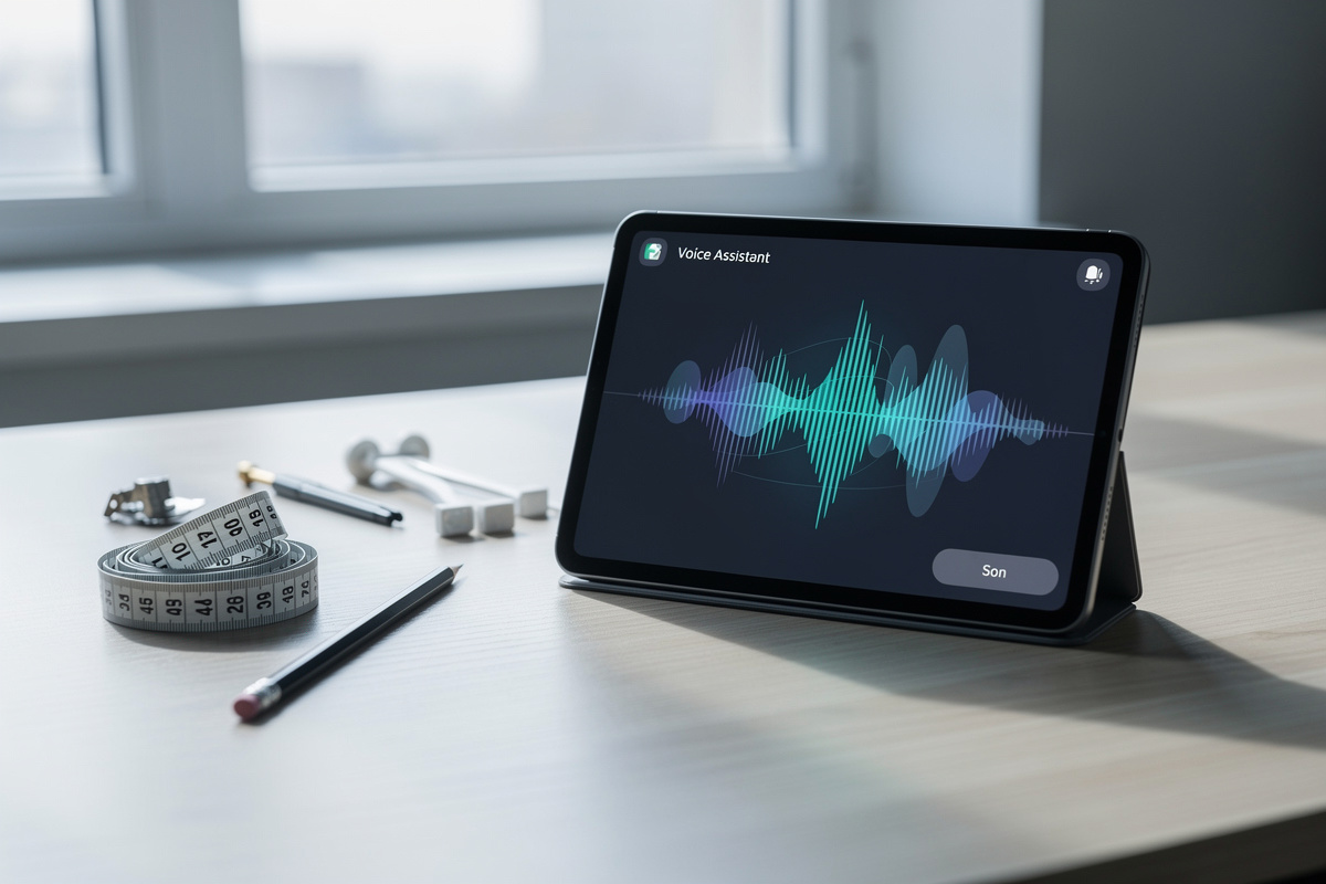 Interface d'assistant vocal artisan sur tablette avec outils de métier, FAQ configuration et personnalisation